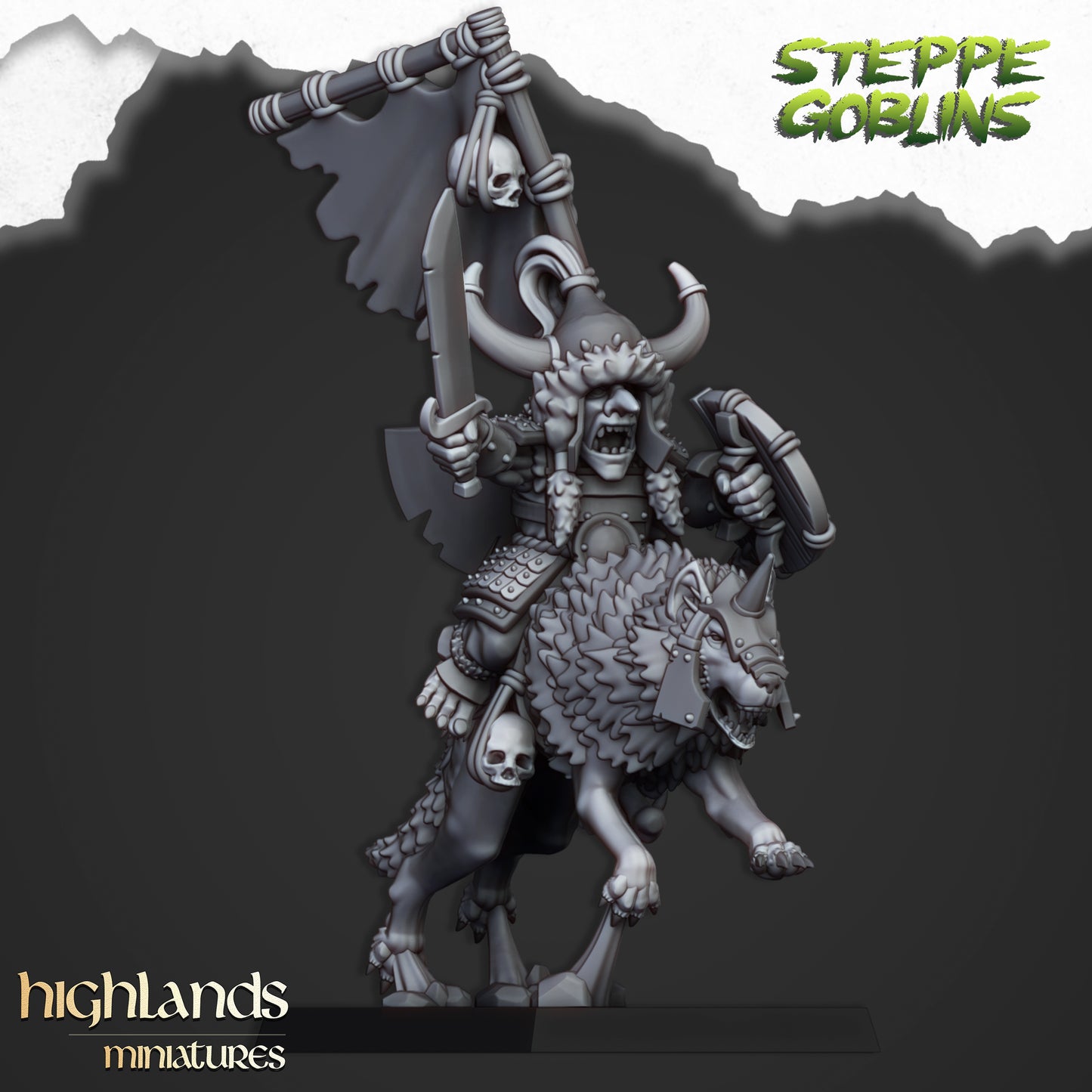 Mounted Steppe Goblin Khan On Wolf - Highland Miniatures